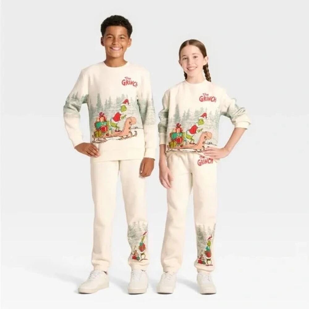 NWT Kids Dr. Seuss The Grinch Cream Graphic Sweatpants - Size LARGE Youth Pants - Picture 2 of 4